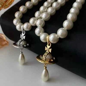 Vivienne Westwood Drop Orbit One Row Gold Pearl Necklace - Picture 1 of 10