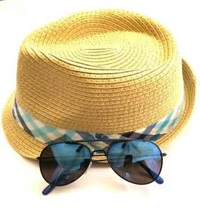 THE CHILDREN'S PLACE Boy's Azul Plaid Fedora Hat & Sunglasses Set - SIZE M/L - Picture 1 of 9