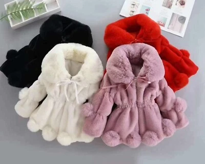 Cute Kids Baby Girls Warm Fur Rabbit Coat Hooded Thick Outerwear Dresses Jacket - Image 1 of 4