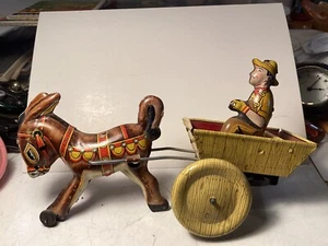 Vintage Louis Marx Balky Mule Cart &Donkey Tin Lithograph Wind-Up Toy Miss Wheel - Picture 1 of 6