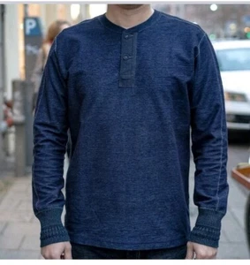 PURE BLUE JAPAN SYOAIYA Denimish Military Henley Top 4 - Picture 1 of 10