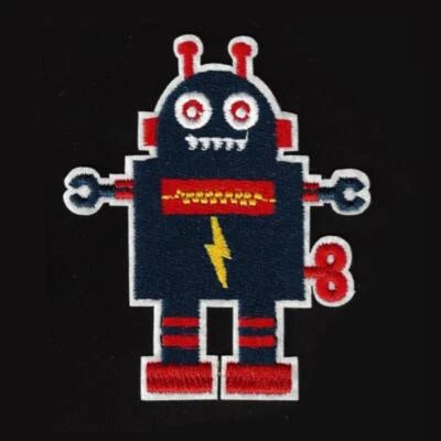 ROBOT IRON ON PATCH 3.125" Navy Blue Red Kids Clothes Backpack Hat Embroidered - Image 1 of 2