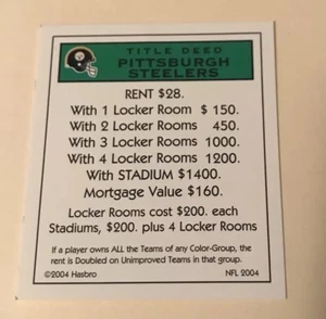 Pittsburgh Steelers NFL Monopoly Deed Title Card Rooney Owner Tomlin Bell Brown - Picture 1 of 2