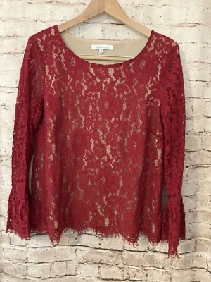 玫瑰 + 橄榄上衣女式中号栗色蕾丝喇叭袖花卉嬉皮衬里 — 第 1/4 张图片