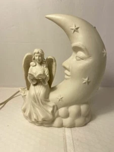 White Porcelain Winged Angel with Man In The Moon Night Light Nursery Table Lamp - Picture 1 of 12