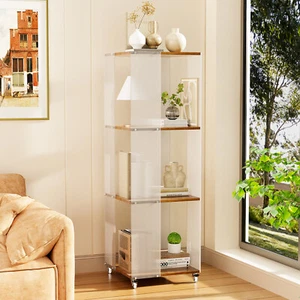 Large Clear Acrylic 4-Shelf Etagere Bookcase with Wheels Floor Standing Cabinet - Picture 1 of 18