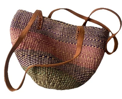 Vintage Sisal Market Jute Leather Tote Bag Large Ethnic Boho African Large - Image 1 of 4