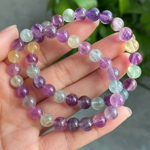 7.5mm 2Pcs Natural Color Fluorite Quartz Crystal Gemstone Beads Bracelet - Picture 1 of 6