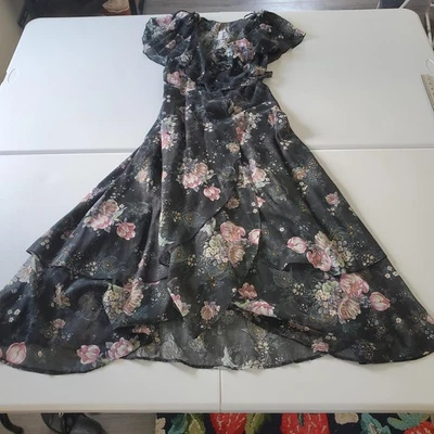 Whimsigoth Fairy Grunge Vintage Dress Wmn 8 Floral Ruffle Wrap Sheer Layered 70s - Image 1 of 4