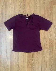 Vintage Women's Ribbed Lace Up Tee Shirt 60s 70s Boho Burgundy Medium USA Made - Picture 1 of 9