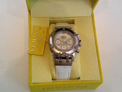 Regalo de Navidad 4 Her Hermoso Invicta Parve Diamante Plata Crono Cuero Blanco Foto 1 de 4
