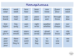 Homophones Laminated word mat Vocabulary Education Age 5-11 Primary Education A4 - Picture 1 of 1