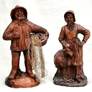 Vintage geschnitzter Kunstharz Fischer mit Nest und Frau Figur Ornamente - Bild 1 von 11