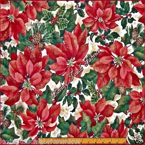 CRANSTON CHRISTMAS LARGE GUILDED POINSETTIA PINE CONES FABRIC 26" L X 58" W - Picture 1 of 1