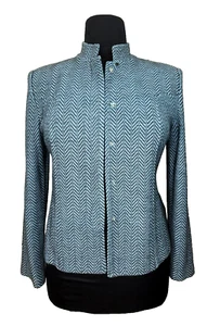 St. John Marie Gray Collection Classic Herringbone Nehru Cardigan Blue 10 - Picture 1 of 17