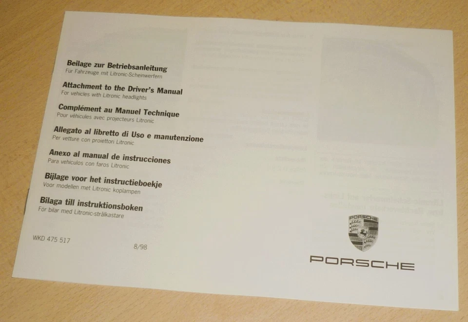 uso manutenzione Porsche 986 e 996,allegato uso manutenzione Fari LITRONIC - Immagine 1 di 1