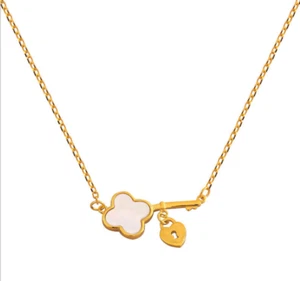 Gold Love Heart Lock Flower Clover Key Shell Pearl Pendant Chain Necklace - Picture 1 of 3