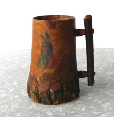 Antique Carved Wooden Stein Mug Folk Art w/ American Indian Painted Tankard Vtg - Image 1 of 4