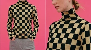 SOURCE UNKNOWN CHECKER TURTLENECK JERSEY TOP ~ONE SIZE ~ CUSTARD ~ NWOT - Picture 1 of 5