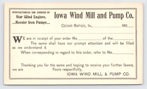 Iowa Wind Mill and Pump Co Cedar Rapids IA c1905 Business Order Postal Card - Picture 1 of 3