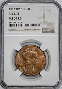 1917 France 10c Centimes NGC MS 64 RB Bronze - Picture 1 of 4