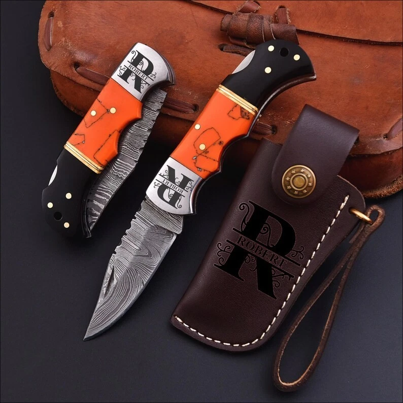 雕刻个性化定制手工edc大马士革折叠口袋刀,鞋套 — 第 1/4 张图片