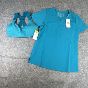 Figs Scrub Top & Sports Bra Womens XXS Turquoise Green V-Neck - Picture 1 of 13