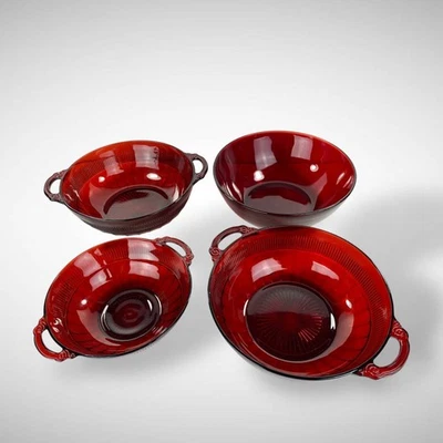 4 Anchor Hocking Royal Ruby Serving Bowls - 3 Coronation w/ Handles and 1 R4000 - Image 1 of 4