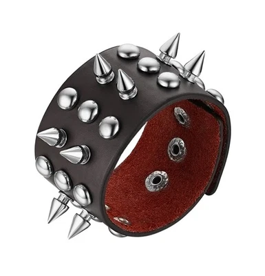 Pulseira de couro unissex preta cravejada de metal punk rock motociclista alça larga EUA - Imagem 1 de 4