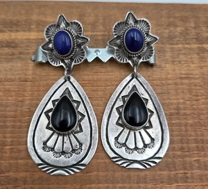 Navajo Jerry Bahe Ohrringe Sterling Träne Hänger schwarzer Onyx Lapislazuli 22 g - Bild 1 von 7