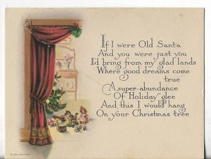 Biglietto natalizio usato vintage ART DECO 4,5x3,5 drappo decorato albero di natale giocattoli buffet - Foto 1 di 2