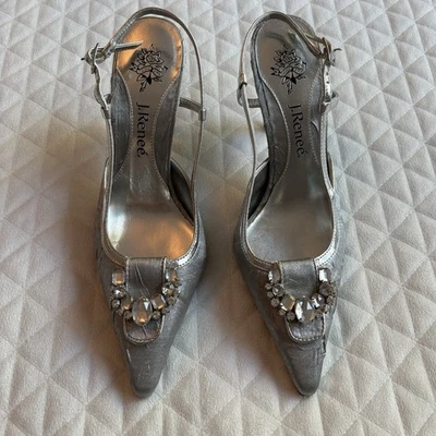 J. Renee RACHELE Slingback Kitten Heel Shoes Size 7 Silver Textured Rhinestones - Image 1 of 4