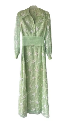 Настоящий винтажный Lee/Jordan NY чистый шифоновое длинным рукавом подпоясанный цветочная вышивка Sz M  - Изображение 1 из 4