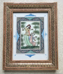 VINTAGE KHATAM KARI INLAY FRAME PERSIAN PAINTING CAMEL BONE - Man Woman Couple - Picture 1 of 10
