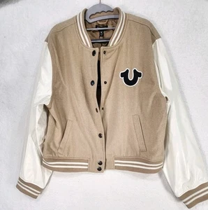 NEW TRUE RELIGION HORSESHOE PATCH VARSITY WOMENS XL BOMBER JACKET TAN/WHITE NWT - Picture 1 of 11