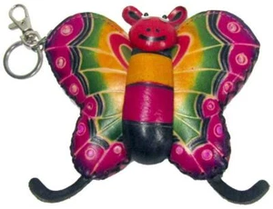 Butterfly Purse Key Ring Hand Painted Leather Hide India 11 x 13.5 cm - Picture 1 of 8