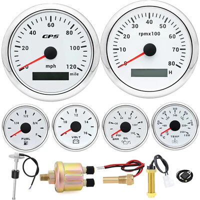 6 Gauge Set 85mm GPS Speedometer 120MPH Tacho/Fuel/Oil/Temp/Volt with Sensor  - Image 1 of 4