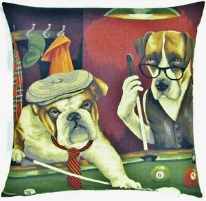 ANTHROPOMORPHIC DOGS PLAYING POOL 18" BELGIAN TAPESTRY CUSHION COVER ZIP 5460 - Picture 1 of 6