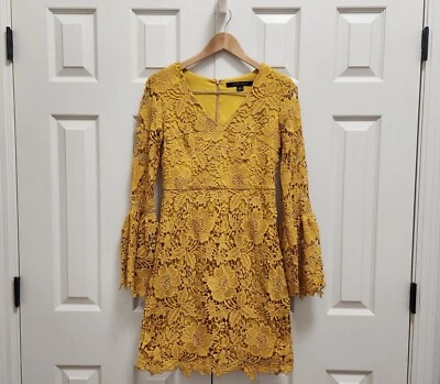 Women's Cynthia Steffe Mustard Yellow Lace Bell Sleeves Formal Sheath Dress Sz 0 - Image 1 of 4
