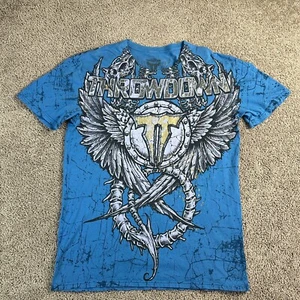 Throwdown Premium Shirt Mens XL Blue Black Affliction Cyber Gothic Angel Wings - Picture 1 of 14