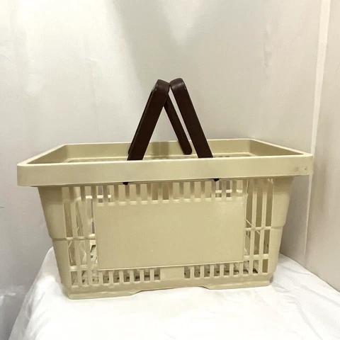 Vintage Handheld Shopping Basket Tan Beige Plastic Tote With 2 Brown Handles Cover