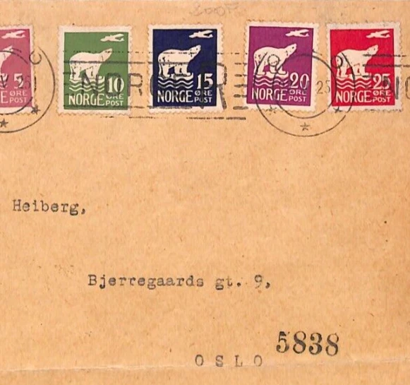 NORWAY Cover 1925 Air POLAR BEAR & AEROPLANE Full Set{7) Oslo Registered YT127 - Image 1 of 4