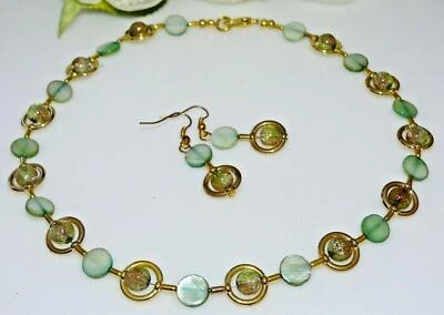 Schmuckset Kette Ohrring Perlmutt Muschel Glas Perle crash grün braun gold 297b - Bild 1 von 4