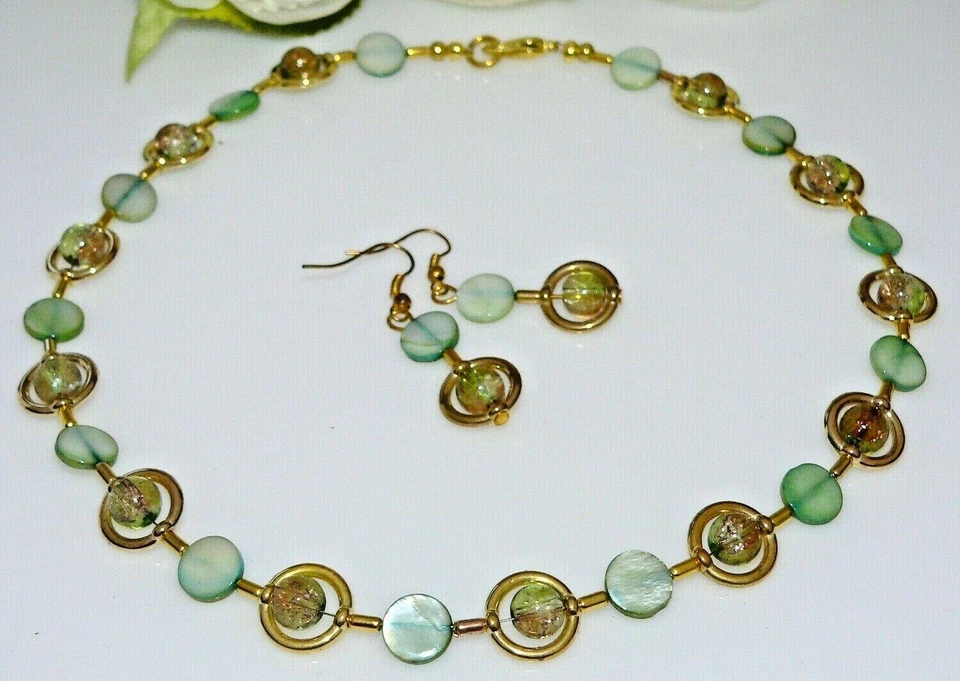 Schmuckset Kette Ohrring Perlmutt Muschel Glas Perle crash grün braun gold 297b - Bild 1 von 4