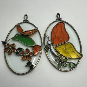 Vintage Buntglas Sonnenfänger 3D Schmetterling Kolibri oval 7" Fensterkunst - Bild 1 von 12
