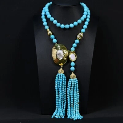 10mm Round Faced Turquoise Asymmetric Keshi Pearl Pendant Necklace Luxury Style - Image 1 of 4