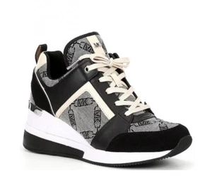 Nuove sneakers Michael Kors Georgie Trainer catena logo jacquard zeppa nere 8 - Foto 1 di 4