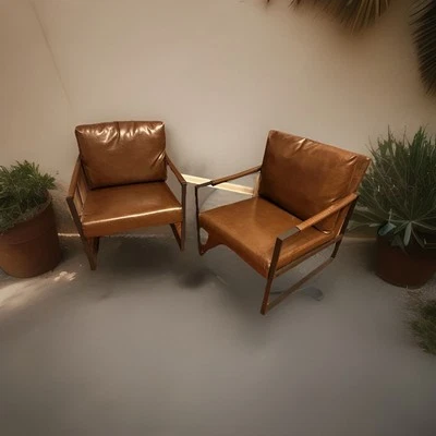 Modern Brown Leather & Metal Accent Chairs-Industrial Style, Excellent Condition - Image 1 of 3