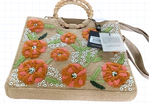 America & Beyond Floral Perlen Jute Schultertasche Perlen bestickt Griffe Neu mit Etikett - Bild 1 von 8