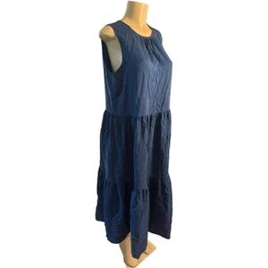 Damen L Eileen Fisher gewaschene Seide Stufen Kleid Midi ärmellos Satin dunkelblau - Bild 1 von 6